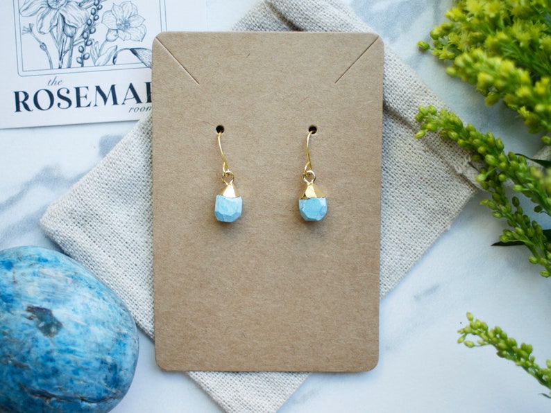 Puede incluir: Un par de pendientes de piedra azul claro con detalles dorados. Los pendientes se muestran en una tarjeta marr&oacute;n.