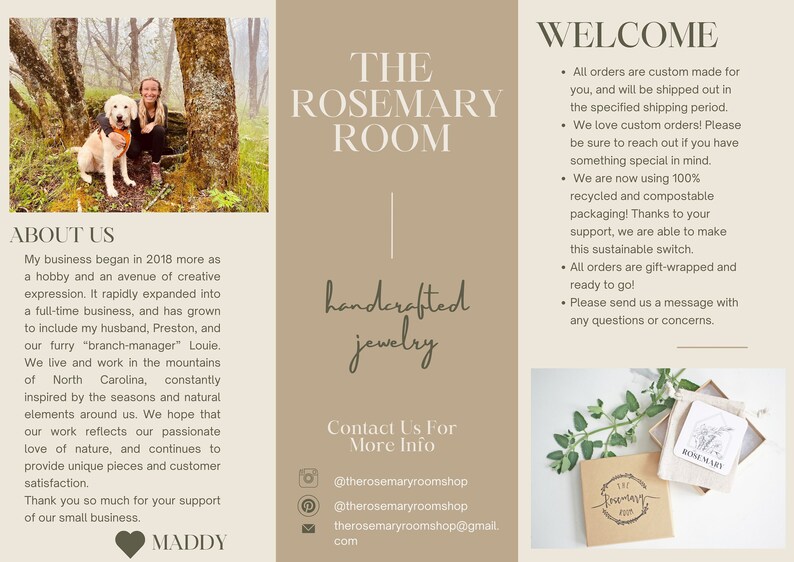 May include: A tri-fold brochure for The Rosemary Room, featuring handcrafted jewelry. The cover displays the business name and a tagline. Inside, it includes an 'About Us' section, contact information, and a 'Welcome' section with details about custom orders and packaging.