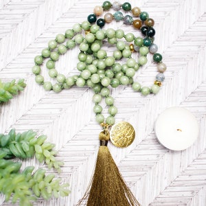 Jade Mala, Charm, Indian Agate, Green Mala, Mala Beads 108, Mala, Raw Crystal Necklace, Gemstone Necklace, Gift For Her, Yoga, Boho,