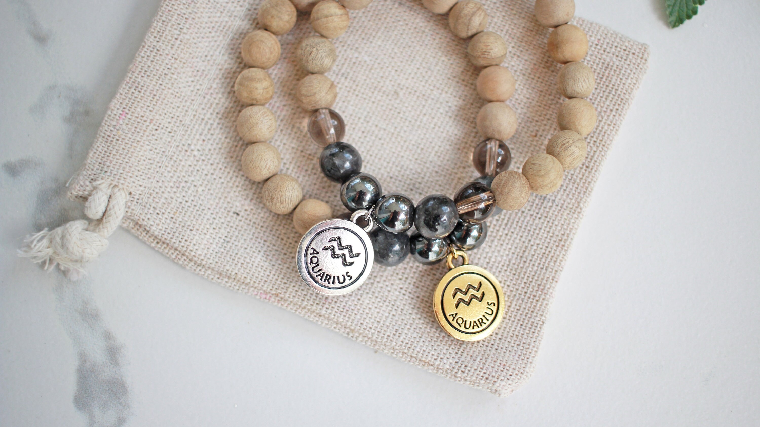 Aquarius Zodiac Astrology Bracelet, Crystal Charm Zodiac Sign Jewelry, Horoscope Energy Sandalwood Cuff, Hematite Labradorite Smoky Quartz