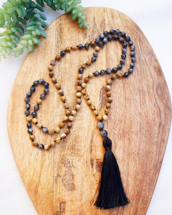 Tassel Mala, Mala Beads, 108 Mala Beads, Buddhist Jewelry, Mens Mala, Mala for Him, Gift for Him, Mens Beaded Necklace, Jasper, Labradorite
