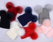 double fur balls Beanies Custom Children Adult Hats Knit Beanies faux fur , false fur puff balls hat, poms hat
