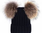 double pom pom hats Custom Children Adult Hats Knitted cotton wool beanies with brown raccoon fur Ball Double Pom Poms Beanies Baby Hats