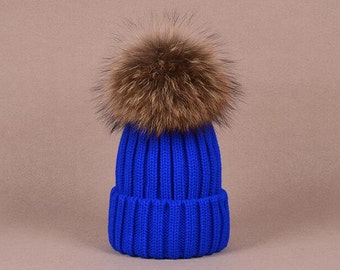 Large Fur Ball Hats Big and Fluffy Pom Poms Fox Fur Hat Cotton Women Hat Brown Pompoms Hat Black Tips Pom Pom Knit Beanie for Women