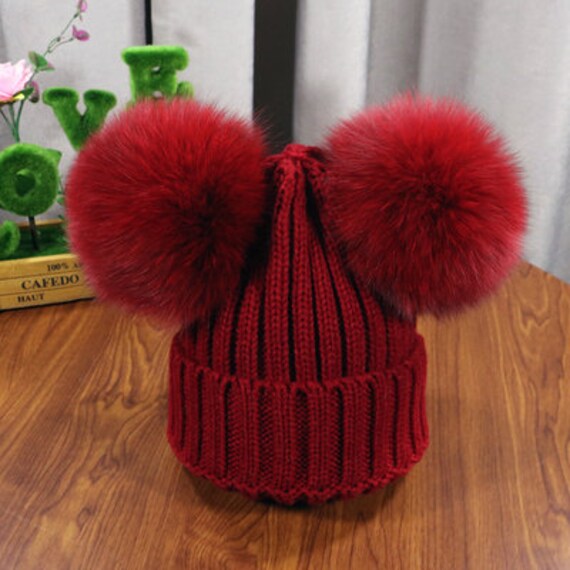 Pink Two Puffs Balls Beanies Double 
