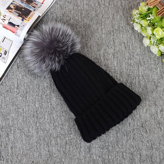 Fox Fur Ball Wool Knited Beanies 