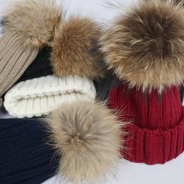 Grand Faux Fourrure Ba Cheveux Chapeaux Grand et moelleux Pom Poms Soft False Furry Hat Cotton Femmes Chapeau Marron Pompons Chapeau BLACK pointes Pom pom Tricoter Bonnet Bonnet