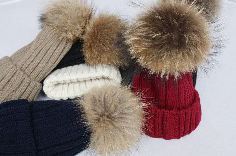 Fluffy Beanie Wool Cotton Knit Hats With Snap Pom Poms Plush Balls