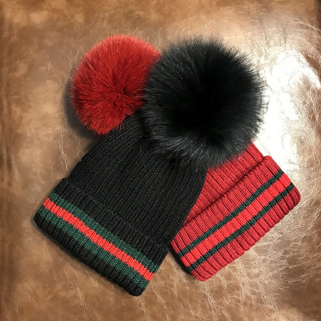 Nice Cotton Hat with Big Puffs Ball Fluffy Beanies Black/Red/White