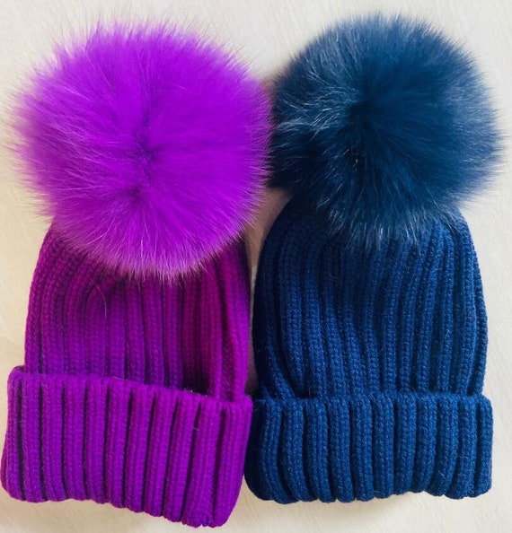 Fluffy Beanie Wool Cotton Knit Hats With Snap Pom Poms Plush Balls