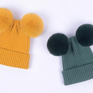 Two Puffs Fur Balls Beanies Kids'/adult 