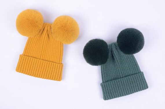 Two Puffs Fur Balls Beanies Kids'/adult 