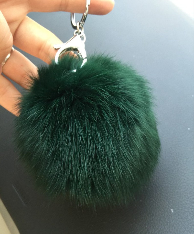 Dark Green Fur Ball Keychains Real Fluffy Pompom Key Chains Etsy