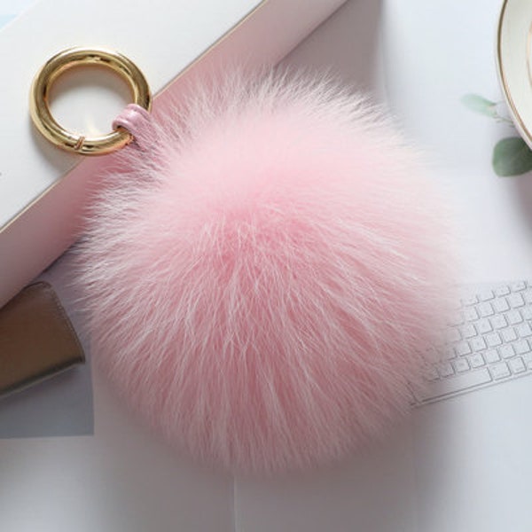 Big Fur Handbag Charm Large Pom Pom Keychains Best Furry Puffs Keyring Leather Strap Gold Ring Fluffy Bag Charm Luxury Baby Pink Poms