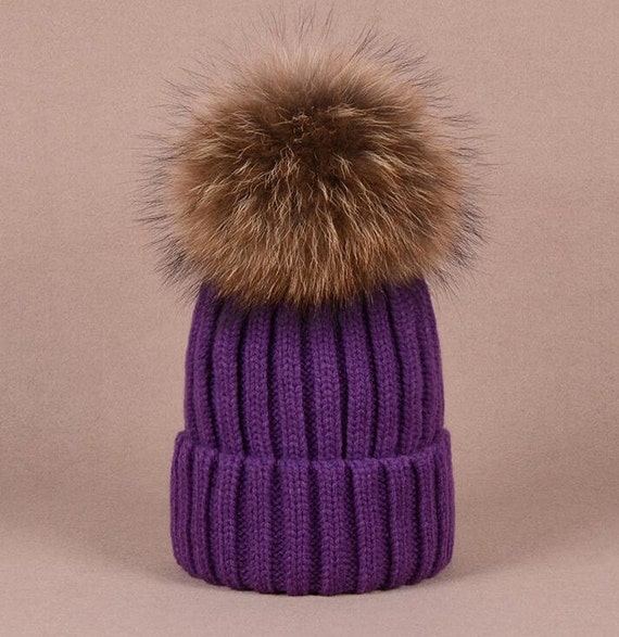 Big Fox Fur Ball Purple Hat Fluffy 