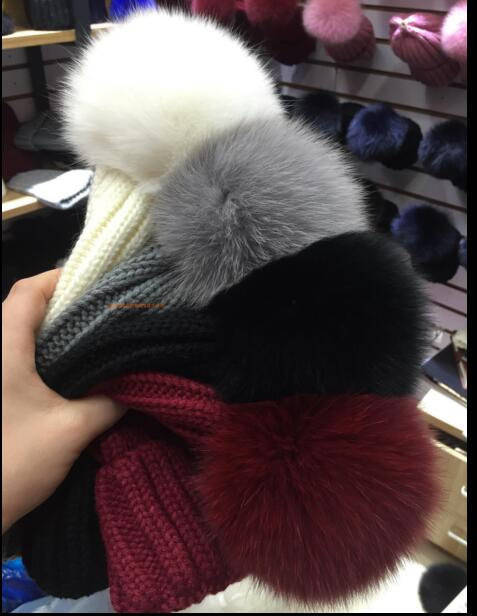 Gray Pom Poms Fox Fur Hats Real Fox Fluffy Wool Cotton Knit | Etsy