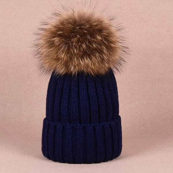 Puffs Pom Pom Hat Furry Cotton Hats Marron Grand Boule amovible Tricotée Bonnet Chapeau Personnaliser Bleu Marine / rose clair / bleu foncé / gris / noir