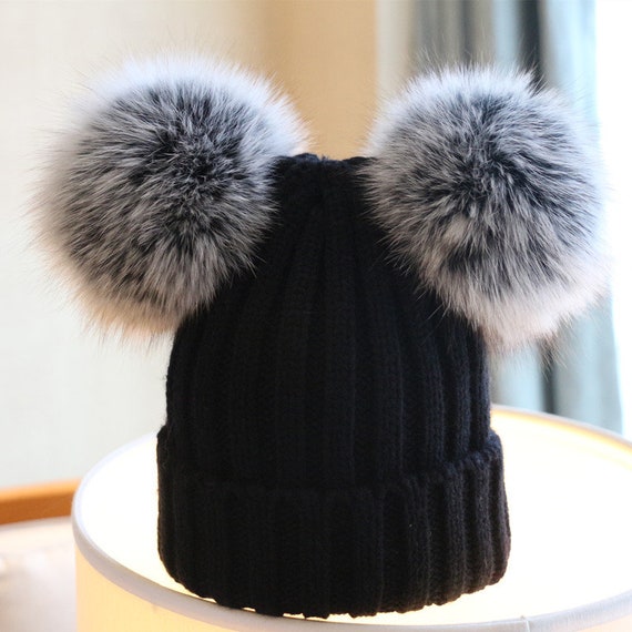 Knitted Warm Hat Custom for Adult/Children Kids, Double Puff Pom Balls Cute  Snow Frost Gray Fluffy Pom Poms Black Beanie