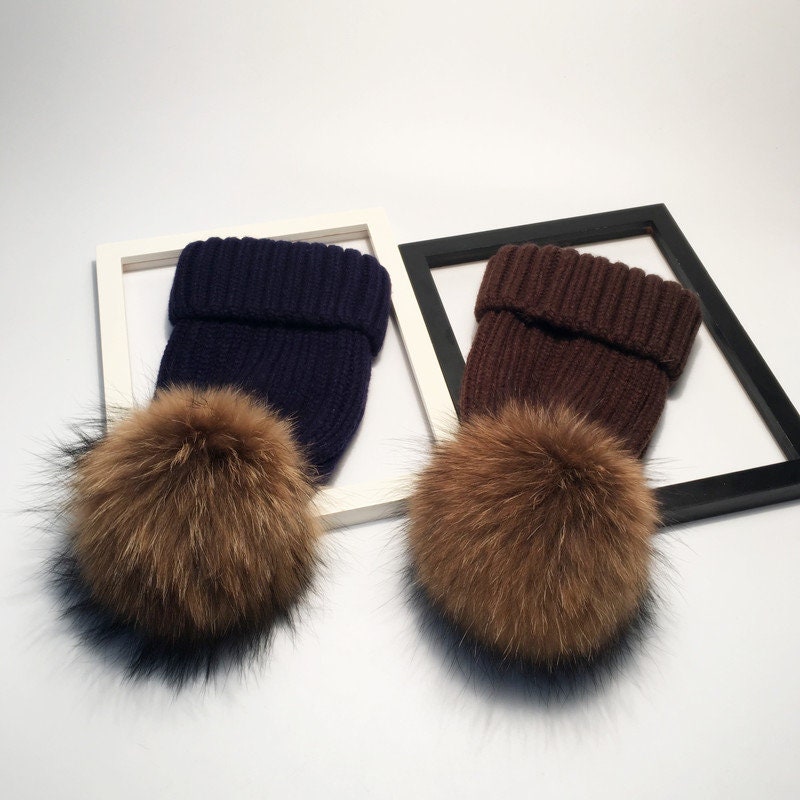 Real Furry Ball Beanies Custom for Women and Children Cotton Knit Beanie Coffee Brown Pompoms with Black Tips Toddler Hats Infant Kids Hats