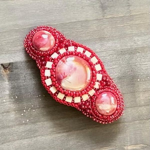 Iridescent Red Glass Beads with Red Seeds Hand Beaded Embroidered Hair Clip Barrette