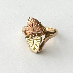 May include: A gold ring featuring two distinct leaf-shaped accents. The top leaf is crafted from rose-toned gold, while the bottom leaf is yellow gold. Both leaves display detailed vein engravings, connected by a polished gold band structure.
