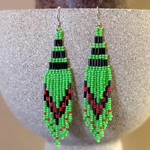 Green Black and Red fringe Drop Beaded Earrings