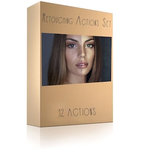 May include: A brown box with the text "Retouching Actions Set" and "12 Actions" printed on it. The box features a split image of a woman's face, showing the before and after effects of retouching.