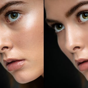 K&ouml;nnte beinhalten: Nahaufnahme eines Gesichts, das den Unterschied zwischen Haut mit und ohne Make-up zeigt. Die linke Seite des Bildes zeigt Haut mit sichtbaren Poren und Unreinheiten, w&auml;hrend die rechte Seite glatte, makellose Haut zeigt.