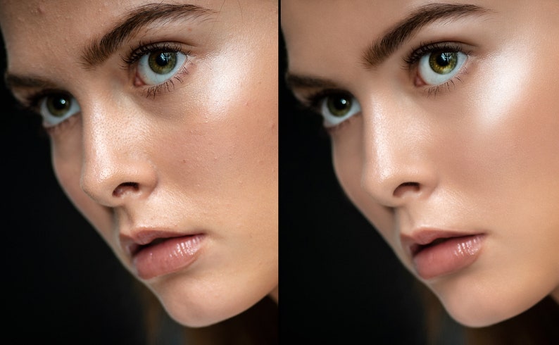K&ouml;nnte beinhalten: Nahaufnahme eines Gesichts, das den Unterschied zwischen Haut mit und ohne Make-up zeigt. Die linke Seite des Bildes zeigt Haut mit sichtbaren Poren und Unreinheiten, w&auml;hrend die rechte Seite glatte, makellose Haut zeigt.