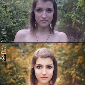May include: A split image showing a woman's face before and after photo editing. The top image is a natural shot with a green background, while the bottom image is edited with a warm, blurred background. The text "EMAIL DELIVERY" is on the left side.