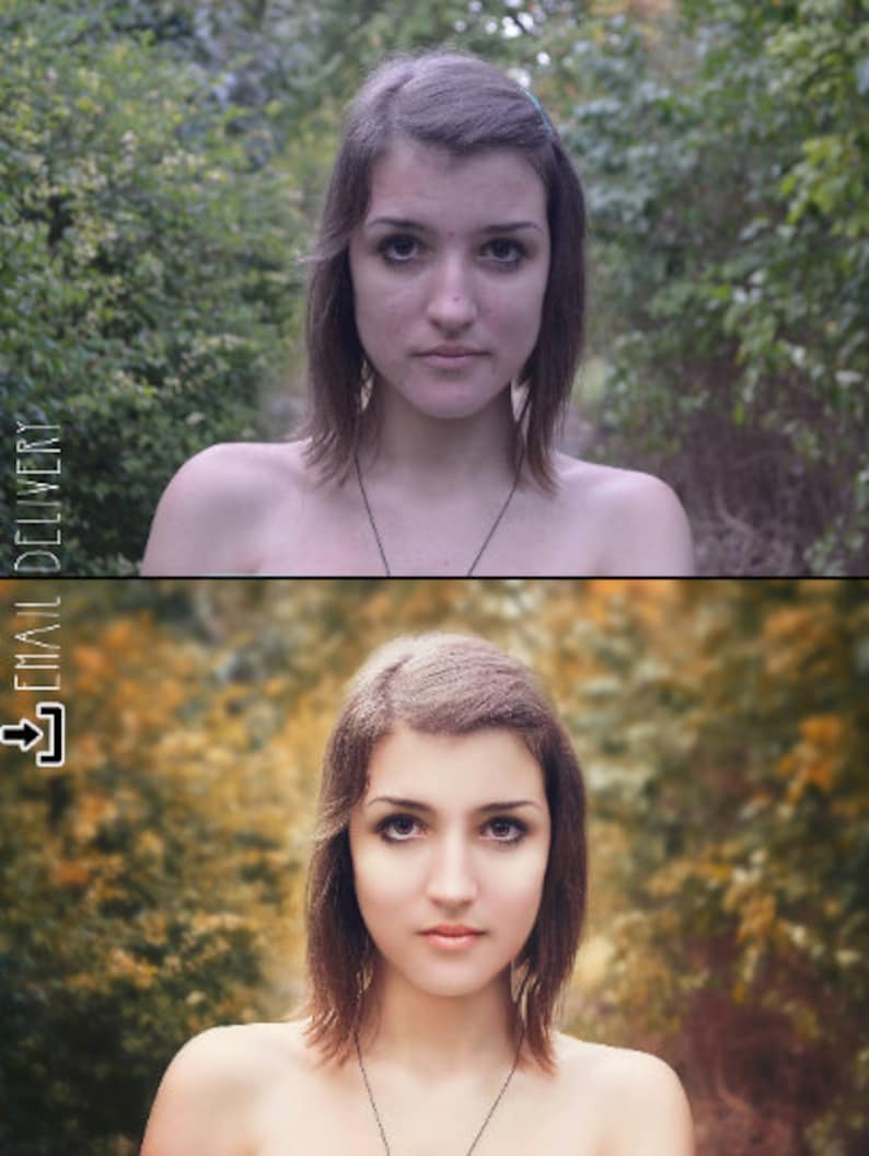 May include: A split image showing a woman's face before and after photo editing. The top image is a natural shot with a green background, while the bottom image is edited with a warm, blurred background. The text "EMAIL DELIVERY" is on the left side.