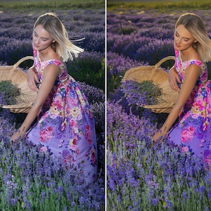 May include: A woman in a floral dress gathers lavender in a field. She holds a wicker basket filled with lavender. The dress is purple with pink and white floral patterns. The lavender field is in full bloom.