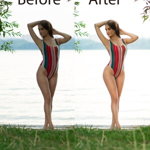May include: A woman in a striped swimsuit stands on a grassy shore with a lake in the background. The swimsuit features vertical stripes in red, green, and cream colors. The image has the text "Before" and "After" at the top.