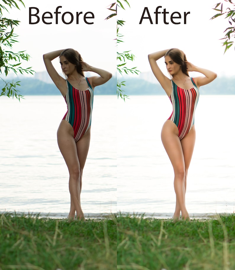 May include: A woman in a striped swimsuit stands on a grassy shore with a lake in the background. The swimsuit features vertical stripes in red, green, and cream colors. The image has the text "Before" and "After" at the top.
