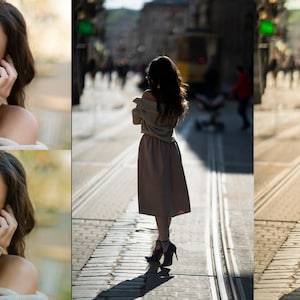 May include: A woman in a beige dress and high heels stands on a cobblestone street with tram tracks. The background is blurred, suggesting a busy city scene. The woman is also shown in a close-up, wearing a beige sweater.