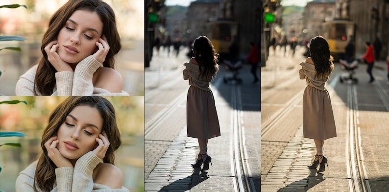 May include: A woman in a beige dress and high heels stands on a cobblestone street with tram tracks. The background is blurred, suggesting a busy city scene. The woman is also shown in a close-up, wearing a beige sweater.