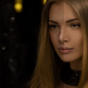 K&ouml;nnte beinhalten: Nahaufnahme eines Frauen Gesichts mit blonden Haaren. Die linke Seite ihres Gesichts zeigt einen nat&uuml;rlichen Hautton, w&auml;hrend die rechte Seite ihres Gesichts einen glatteren, retuschierten Hautton zeigt.