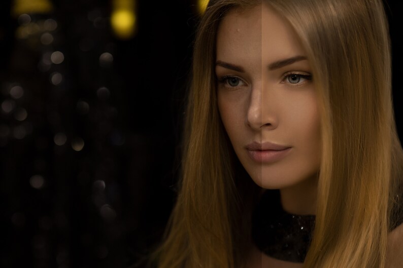 K&ouml;nnte beinhalten: Nahaufnahme eines Frauen Gesichts mit blonden Haaren. Die linke Seite ihres Gesichts zeigt einen nat&uuml;rlichen Hautton, w&auml;hrend die rechte Seite ihres Gesichts einen glatteren, retuschierten Hautton zeigt.