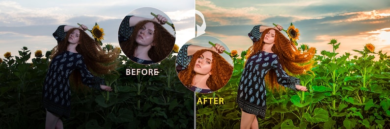 May include: A woman with long red hair stands in a field of sunflowers, holding a sunflower. She wears a dark blue dress with a floral pattern. The image is split, with "BEFORE" and "AFTER" text, showing a photo editing comparison.