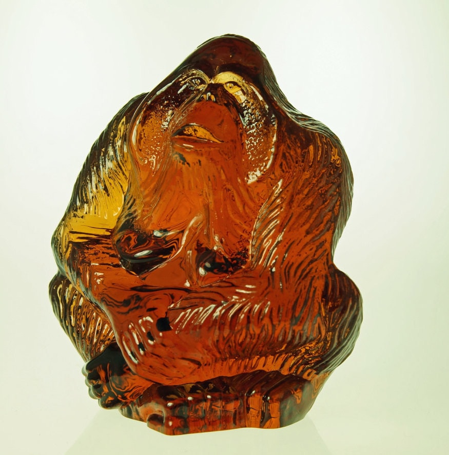 Large Amber Kosta Boda WWF Limited Edition Orangutan Art Glass