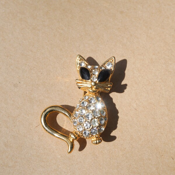 Vintage Diamante Crystal Cat Pin Brooch, Gift Idea for Cat Lovers