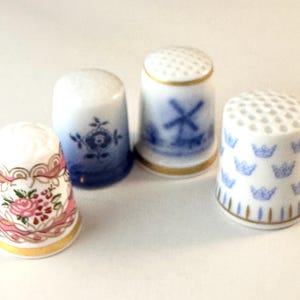 Vintage Hammersley Thimble with Roses, Royal Copenhagen Flower Thimble, Royal Mosa FB Thimble with Windmill, Rostrand Thimble with Crowns