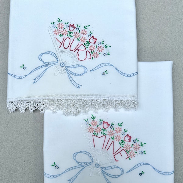 Hand Embroidered Vintage Yours and Mine Pillowcases Pair, Standard Size Cotton Pillowcases with Flowers, Bed Linen, 1950s Bed Decor