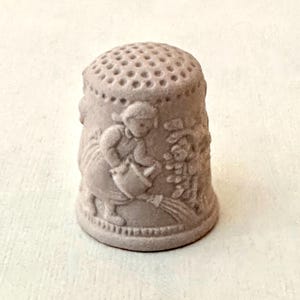 Vintage Girl Watering Flowers Thimble, Girls Gardening Thimble, Rustic Farmhouse Thimble, Girl with Bouquet Thimble, Collectible Thimble