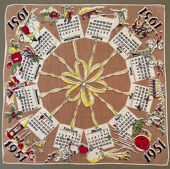 Vintage 1951 Calendar Hankie Hanky, Vintage Calendar Handkerchief, Seasonal  Holiday Calendar Hankie, Collectible Hankies, Souvenir Hanky - Etsy