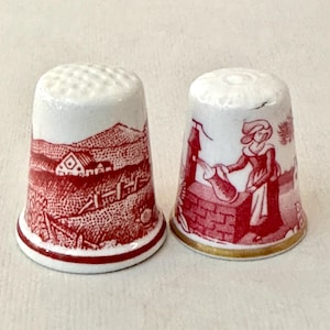 Vintage Red and White Scenic Thimbles, Adams Thimble, Spode Thimble, Scenic Farmhouse, Rustic Style Thimbles, Collectible Thimbles