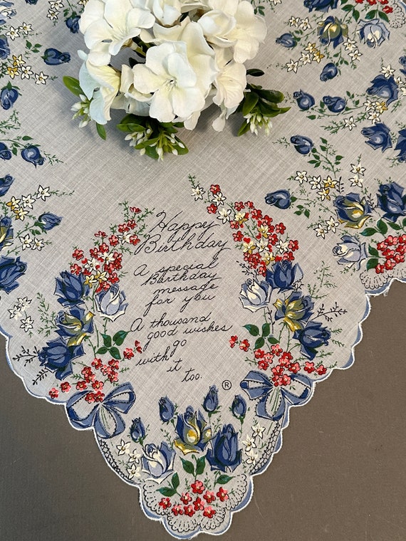 Vintage Happy Birthday Handkerchief with Roses, Fl