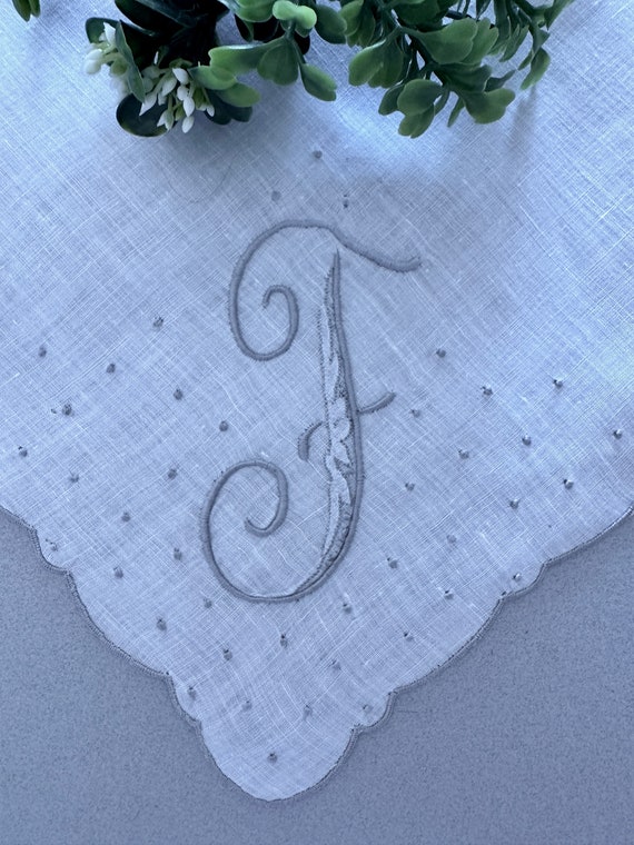 Vintage White Linen Hankie with F Monogram Handker