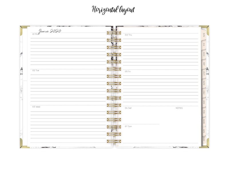 May include: A white planner with a gold spiral binding. The planner has a marble pattern and the text "Jane 2020" at the top. The planner is open to the week of June 1st to June 7th. The days of the week are labeled at the top of each page. The planner has a notes section on the right side.