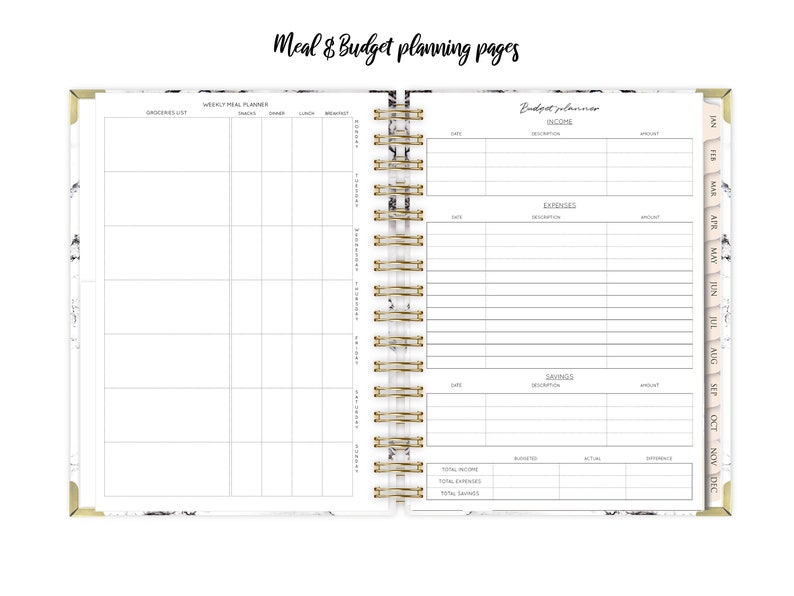 May include: A white planner with a marble pattern and gold accents. The left page has a grocery list and a weekly meal planner. The right page has a budget planner with sections for income, expenses, and savings.